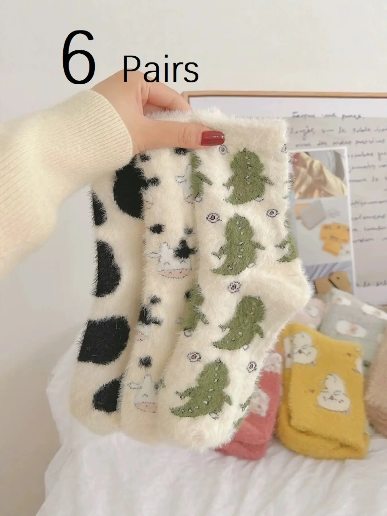 6 Pairs Mink Velvet Socks for Women, Thickened Warm Mid-Calf Socks for Autumn Winter, Cozy Sleep Socks, Cute Postpartum Floor Socks