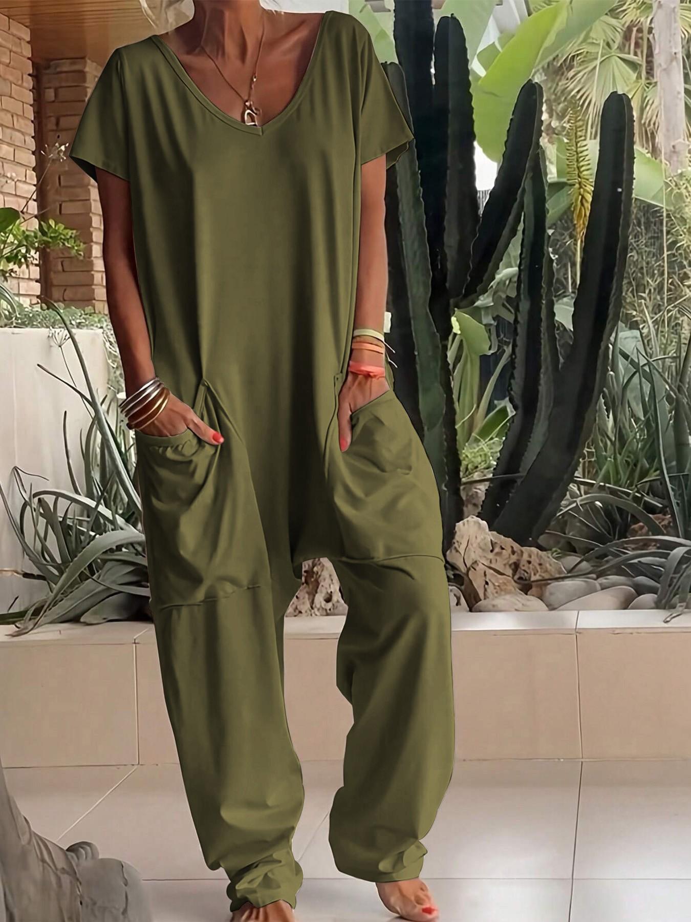 Women's Summer V-Neck Oversized Minimalist Jumpsuit, Sexy Backless Loose Fit Harem Pants, Casual Streetwear for All Seasons Womenswear