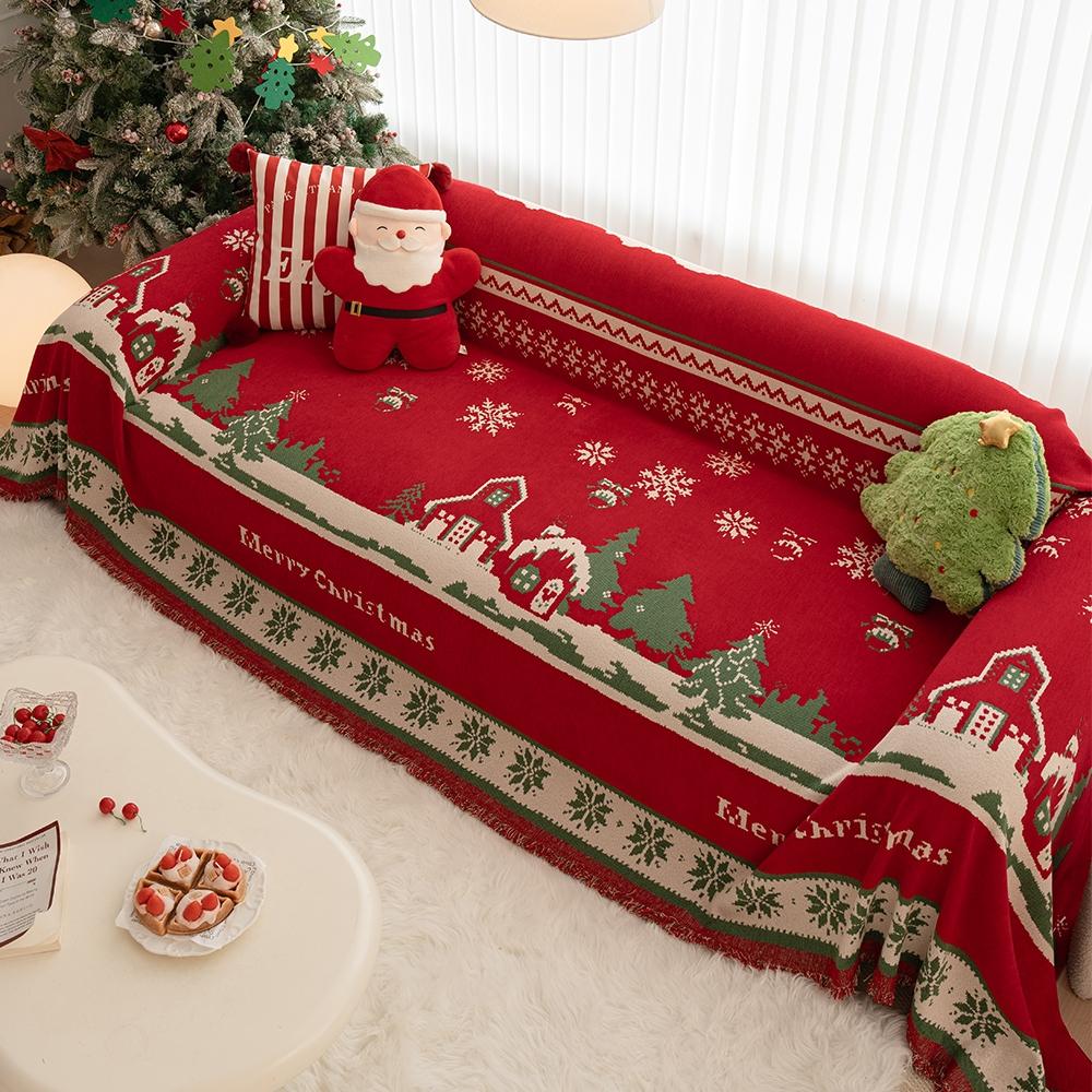 Christmas Sofa Throw Blanket with Tassels, Pet Protection, Fits 1-4 Seater Sofas, Home Decor Christmas Gift, Winter All-Purpose Cover