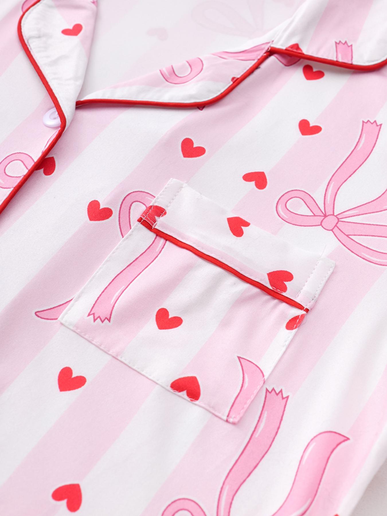 Valentine's Day Bow and Heart Print Pajama Set, Soft Silky Striped Short Sleeve Sleepwear, Women's Comfortable Nightwear