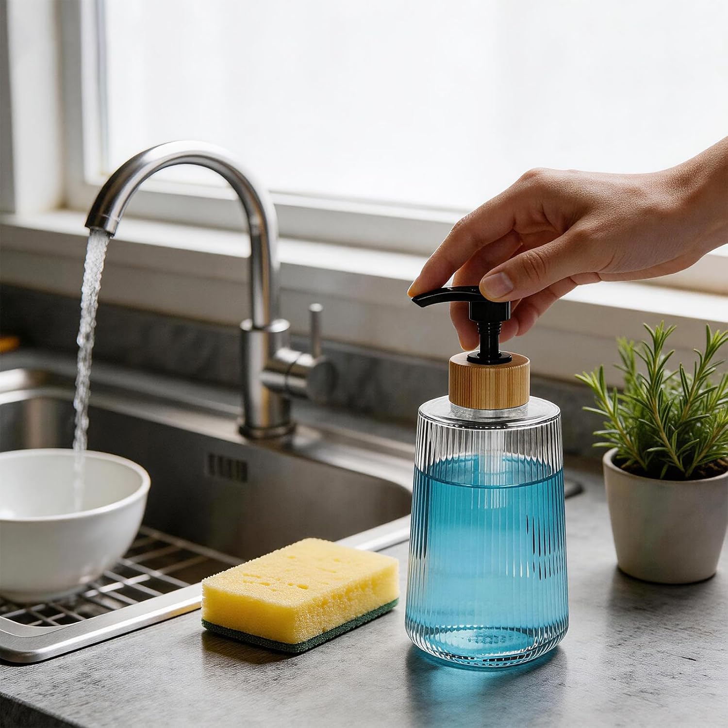 12oz Thick Striped Thick Glass Durable Soap Dispenser with Pump - Single Set Hand Soap/Lotion Bottle for Bathroom, Kitchen, Modern Style (Residential & Commercial Use)