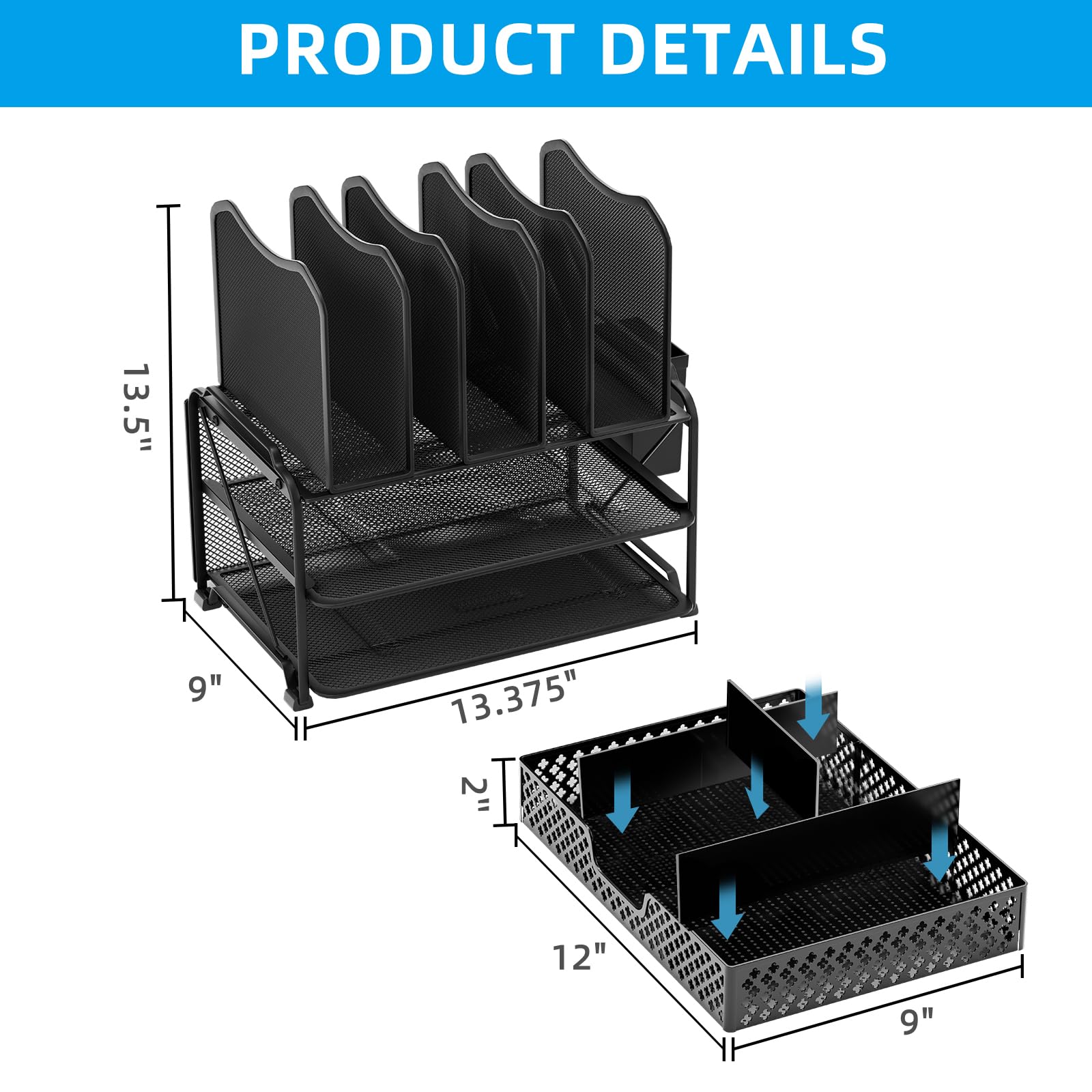 Simple Trending Mesh Desk File Organizer, Office Supplies Desktop Storage with Sliding Drawer, Double Tray and 5 Upright Section Sorter Organizer, for Office, Home, Black