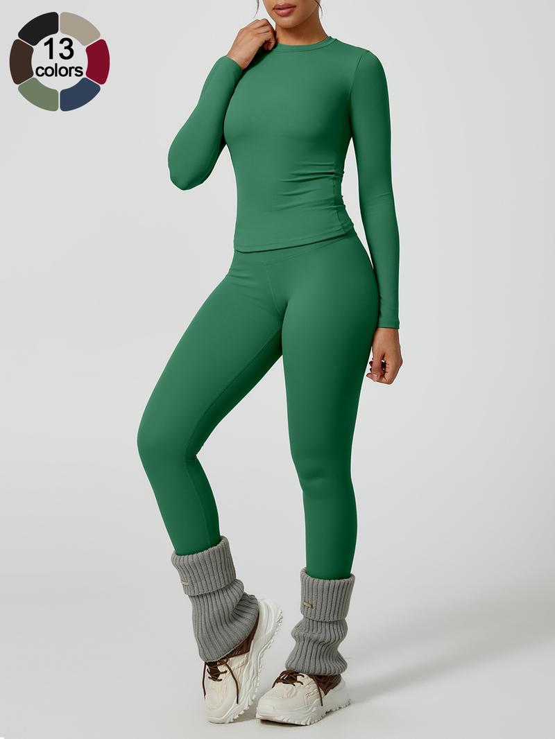 Women's Solid Long-Sleeve Tee & High-Waist Leggings Set, Sporty Round Neck Top & Skinny Pants 2-Piece Set for Gym Workout and Running, Ladies Fall & Winter Sportswear, Sports Fitness Wear