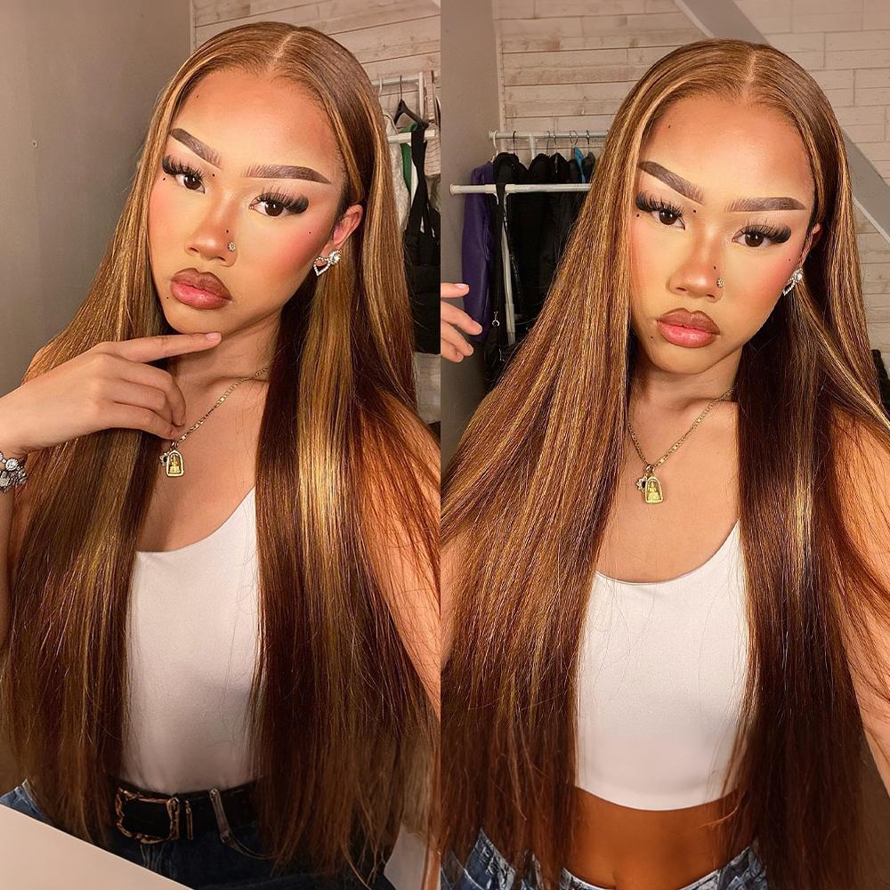 Pizazz Hair 13x6 Pre Bleached Honey Blonde Straight Full Lace Front Wigs Human Hair Pre Plucked For Momen 220% Density Highlight HD Transparent Lace Frontal Wigs with Baby Hair