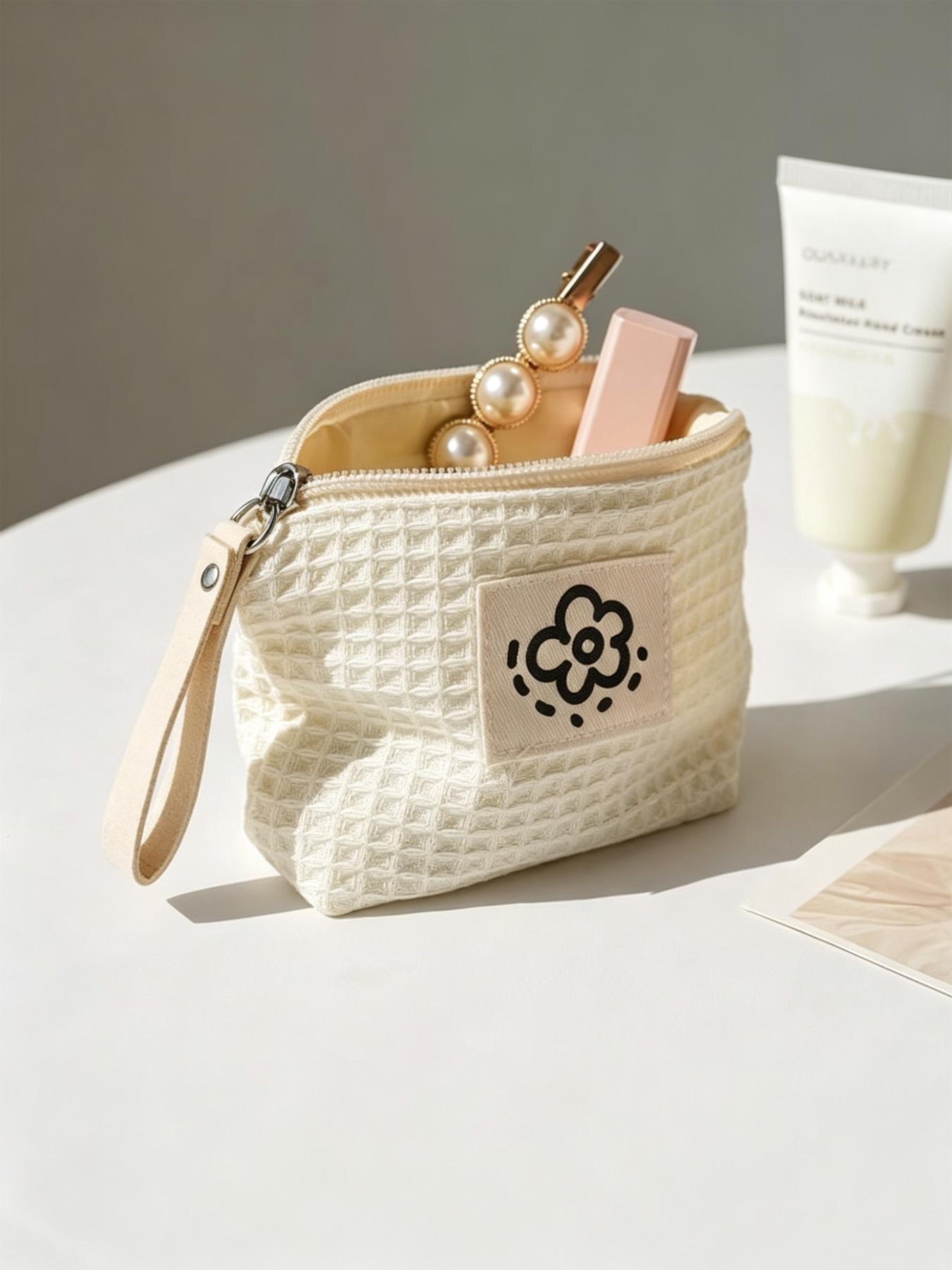 Cute Sunflower Weave Mini Zipper Pouch, Floral Patch Small Cosmetic Bag, Makeup Bags, Portable Coin Purse for Lipstick, Cards & Keys, Soft Cotton Travel Organizer, Travel Essentials Makeup Pouch