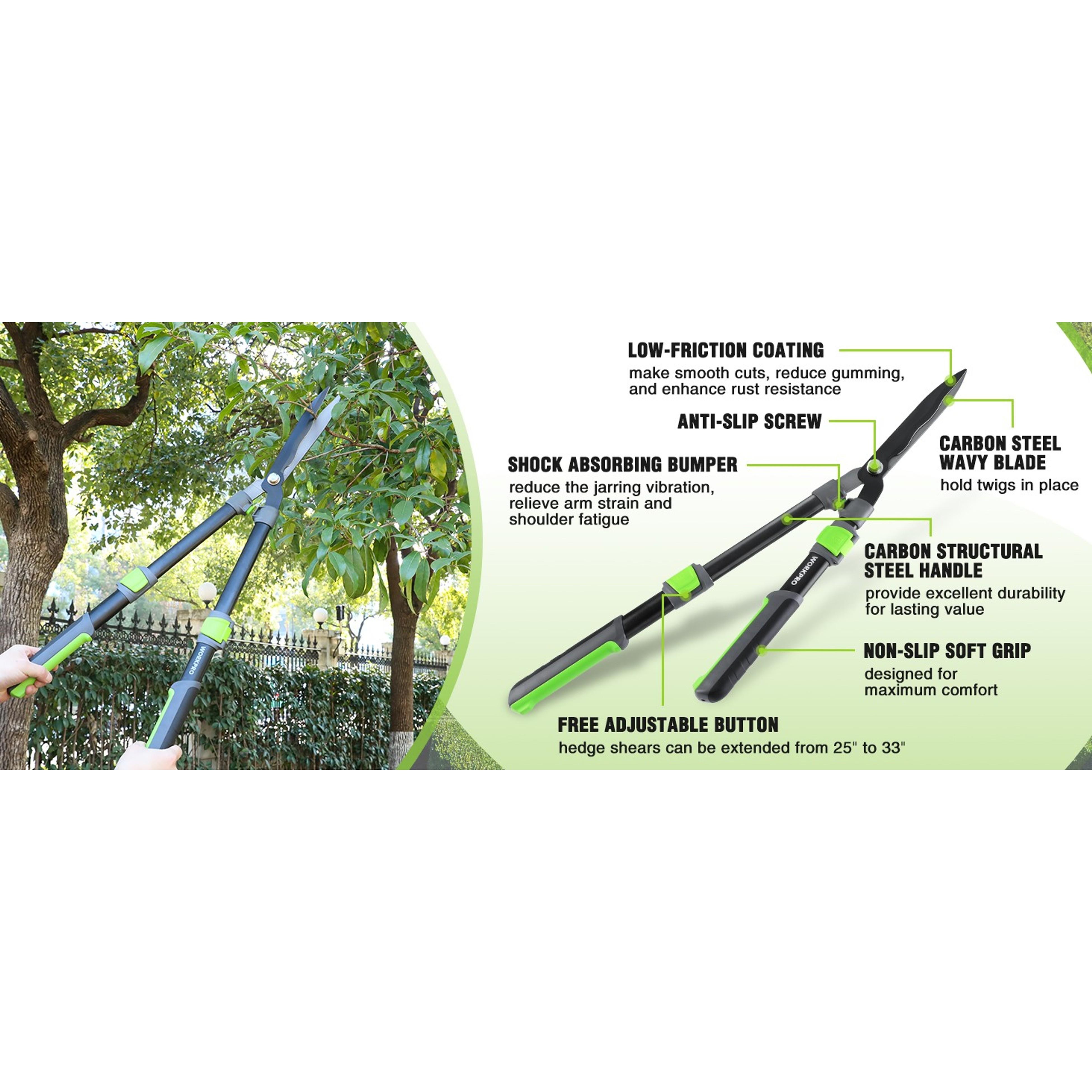 Extendable Hedge Shear, 25"-33" Manual Hedge Clipper/Bush Cutter | Gardening Shears with Steel Wavy Blade, Shock Absorbing Bumper, Ergonomic Handle for Pruning Borders & ShrubsGift Extendable Hedge Shear, 25"-33" Manual Hedge Clipper/Bush Cutter | Gardening Shears with Steel Wavy Blade, Shock Absorbing Bumper, Ergonomic Handle for Pruning Borders & ShrubsGift
