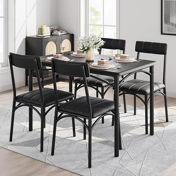 Kitchen Table Set with Chairs, Dining Table Set for 4, Metal and Wood Rectangular Dining Room Table Set with 4 Upholstered Chairs, 5 Piece Dining Set for Small Space, Apartment