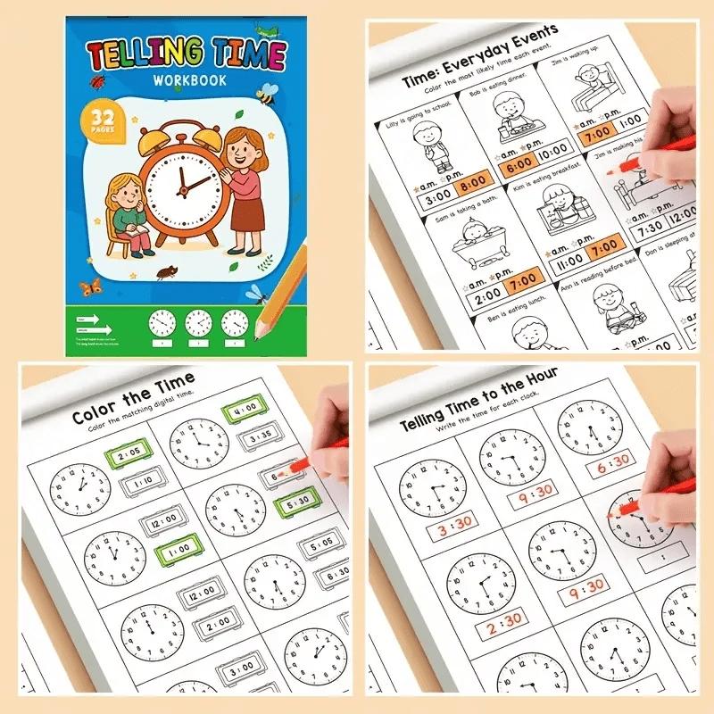 32 Page Math Clock Time Practice Book, Fun Mathematics Book for Preschool to Grade 1, Arithmetic Book, Suitable for Home or School Use