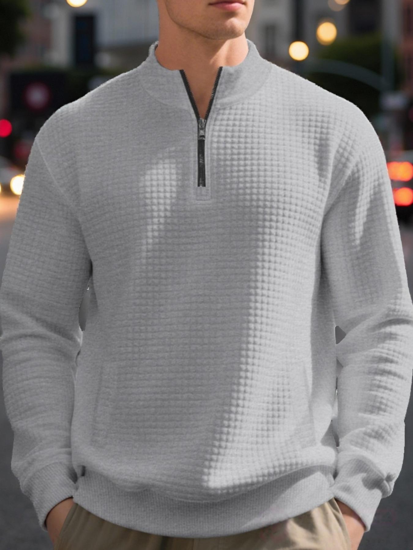 Heavyweight small checkered simple and casual men's loose stand-up collar semi-high collar quarter zipper long-sleeved base layer sweatshirt, warm and soft fabric, suitable for daily casual and outdoor sports occasions,gifts for him boyfriend christmas