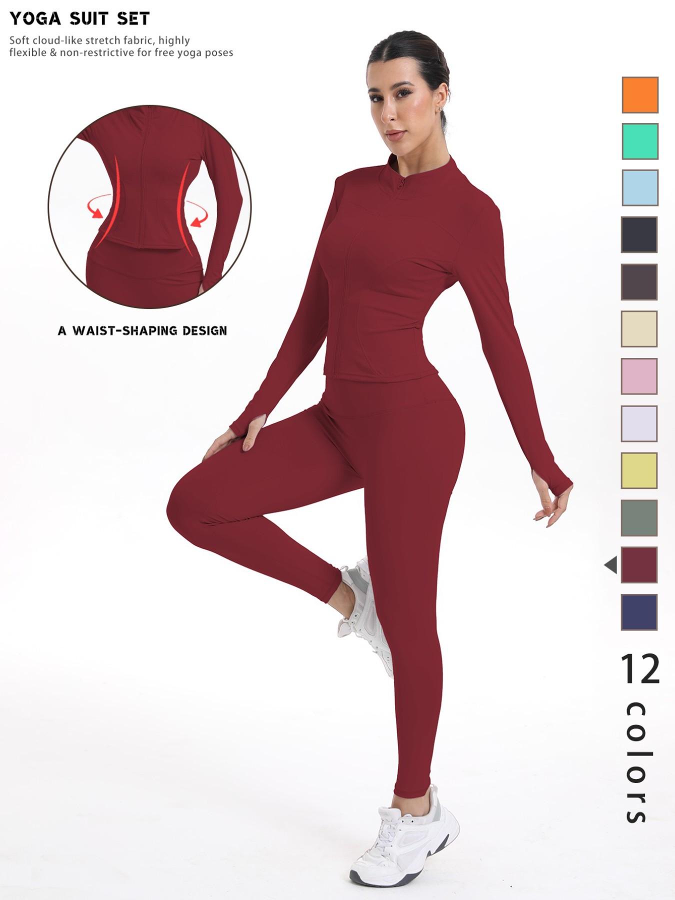 Women's Sporty Quick-Dry Two-Piece Set, New Fashion Slim Fit Yoga Pants, High Elasticity Long Sleeve Top, 12 Colors Available