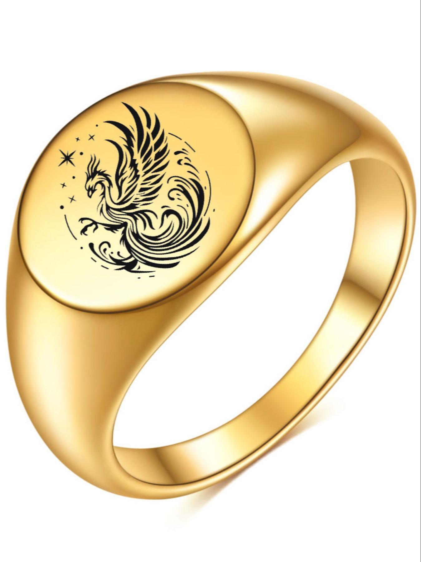 New 12mm Smooth Ring, Round 18k Gold Laser Engraved Phoenix Ring, Elegant Jewelry for Women, Unique Gift Idea, Elegant Fashion Rings