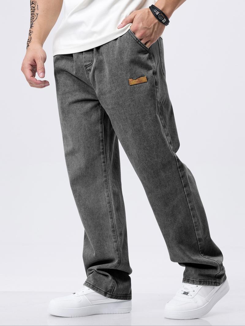 Men's Regular Fit Patched Drawstring Waist Jeans, Casual Comfy Denim Pants for Daily Wear, Bottoms for All Seasons Men's Regular Fit Patched Drawstring Waist Jeans, Casual Comfy Denim Pants for Daily Wear, Bottoms for All Seasons