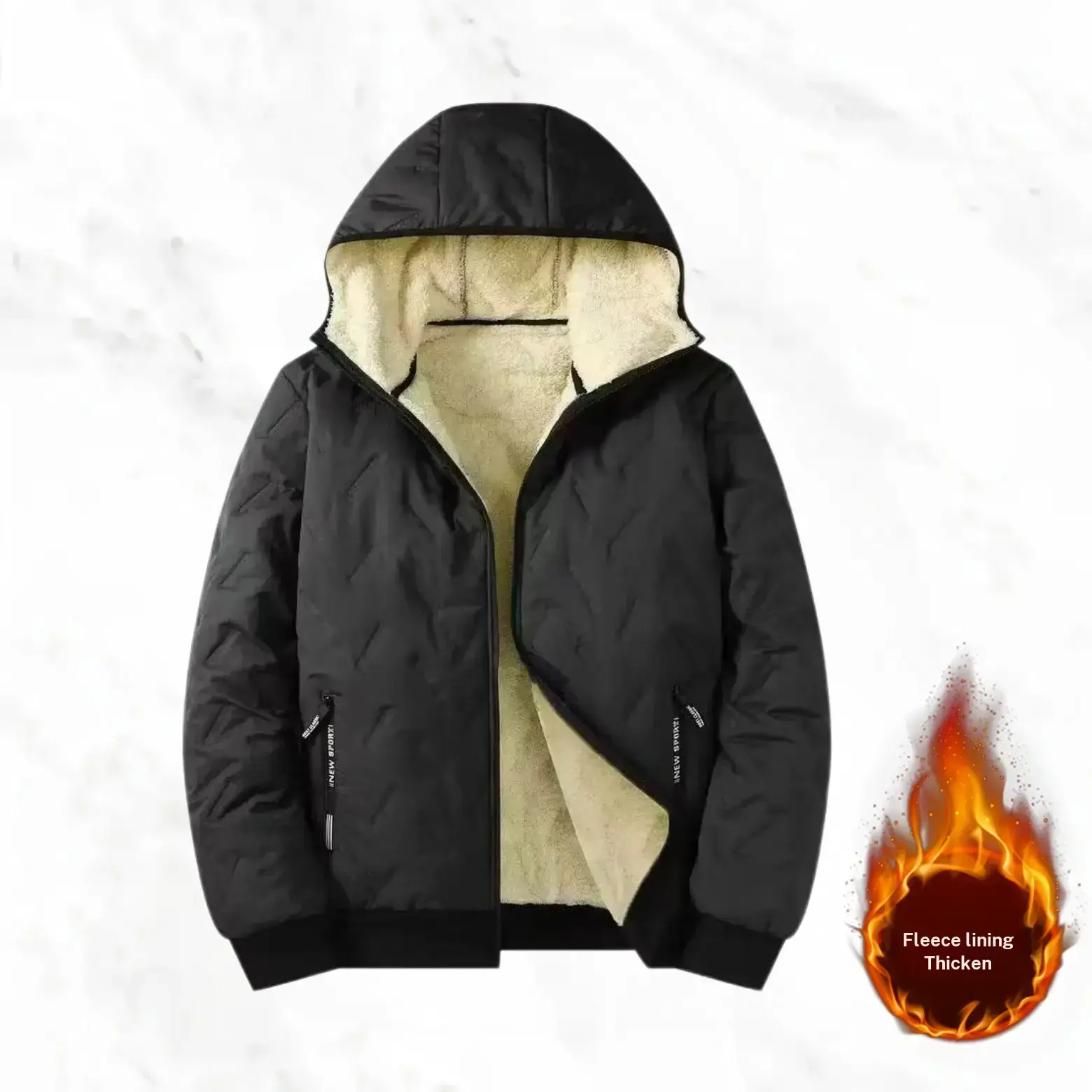Men's fleece lined cotton jacket with hood, casual warm style, featuring a hooded design with a faux lamb wool quilted windproof fabric on the inside, suitable for autumn and winter daily commutes and outdoor cold protection. New model available in multip