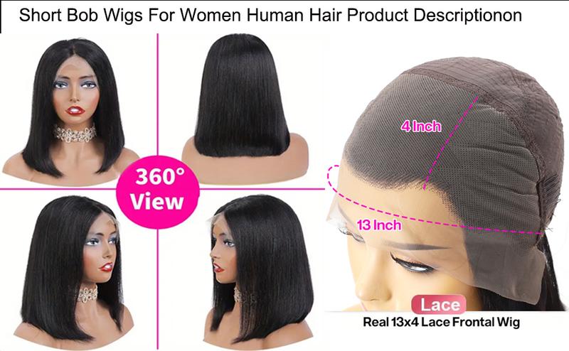 Hermsile Straight Bob Wigs Human Hair Wigs For Black Women 13x4 Straight Lace Front Wigs Human Hair Lace Front Wigs Pre Plucked HD Lace Frontal Wigs 180% Density Short Bob Wigs Natural Color 10 inch