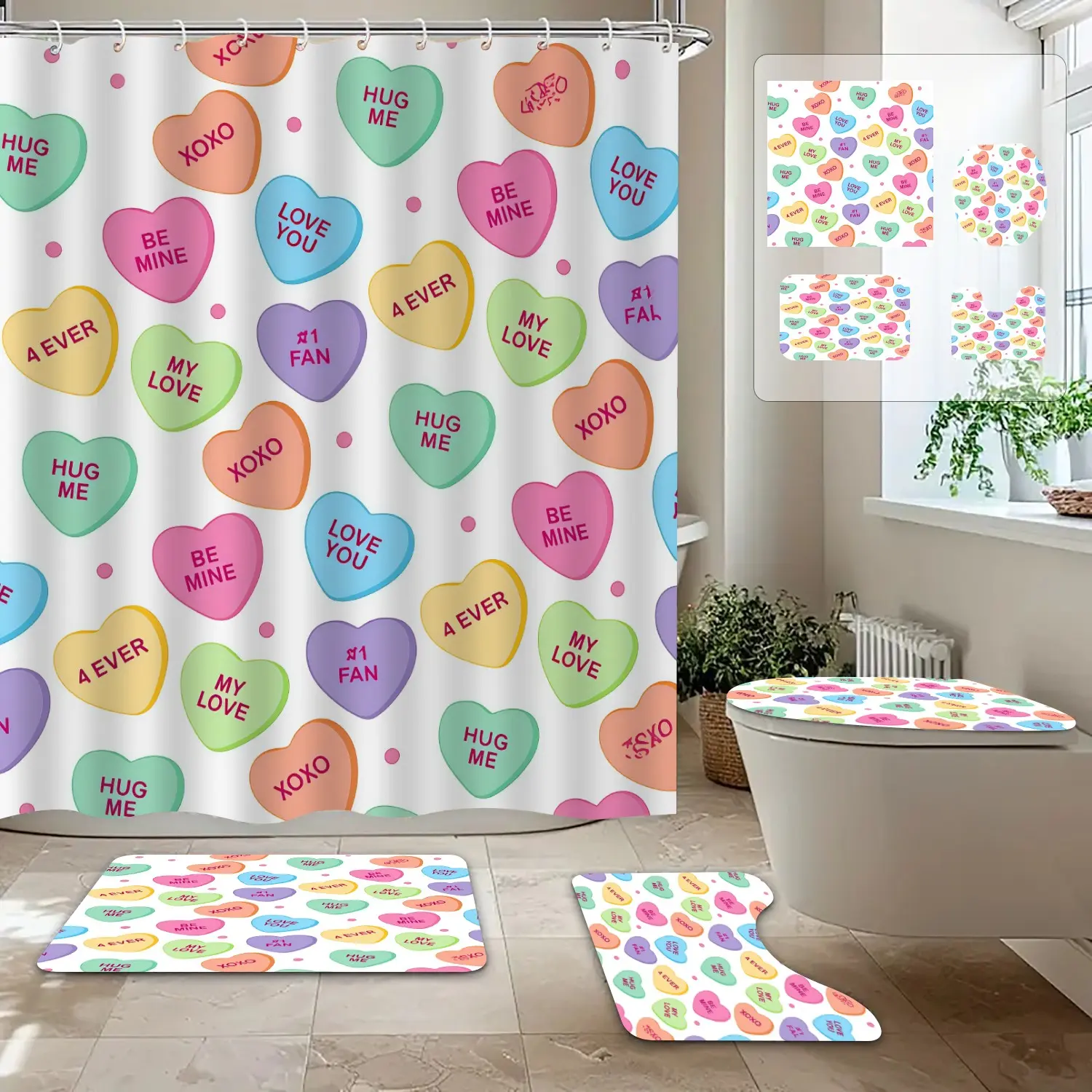 Colorful Love Messages Candy Pattern Shower Curtain Set, Sweet Valentine's Day Style, 100% Polyester, Waterproof, Bathroom Decor