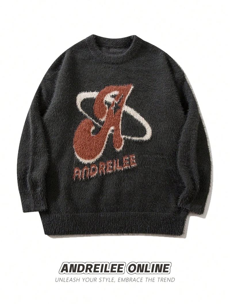 Casual Loose-Fitting Men's Gender-Neutral Sweater with Letter Pattern, Stylish Round Neck Long Sleeve Knit Loose Casual Pullover for Fall & Winter