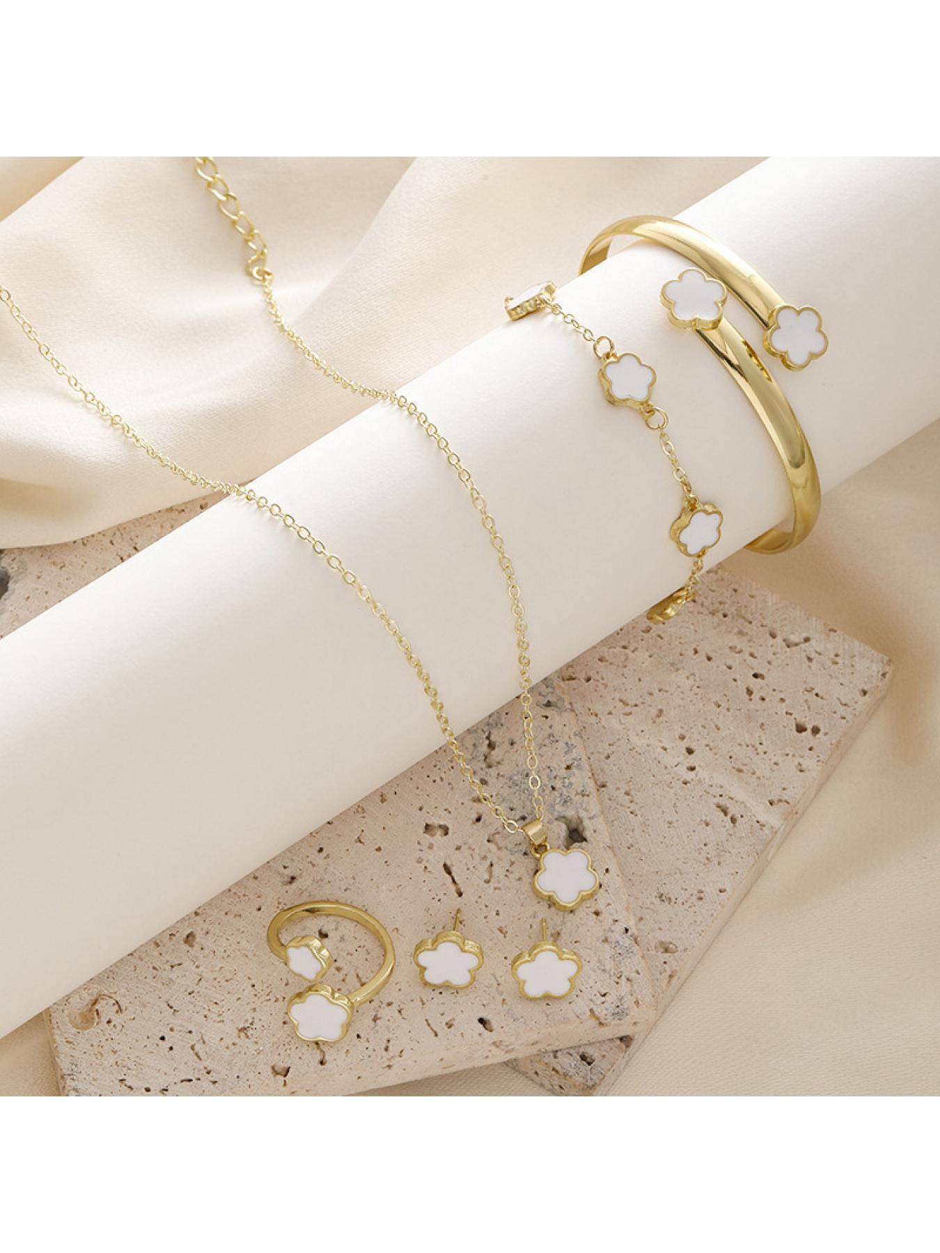 Flower Design (5-piece set), 2025 Summer Clothing Women's Solid Color Bracelet Necklace Bracelet Ring Bracelet, Party, Daily Clothing Decoration, Birthday Gift Jewelry, Party Preparation Bracelet, Fashion Bracelet