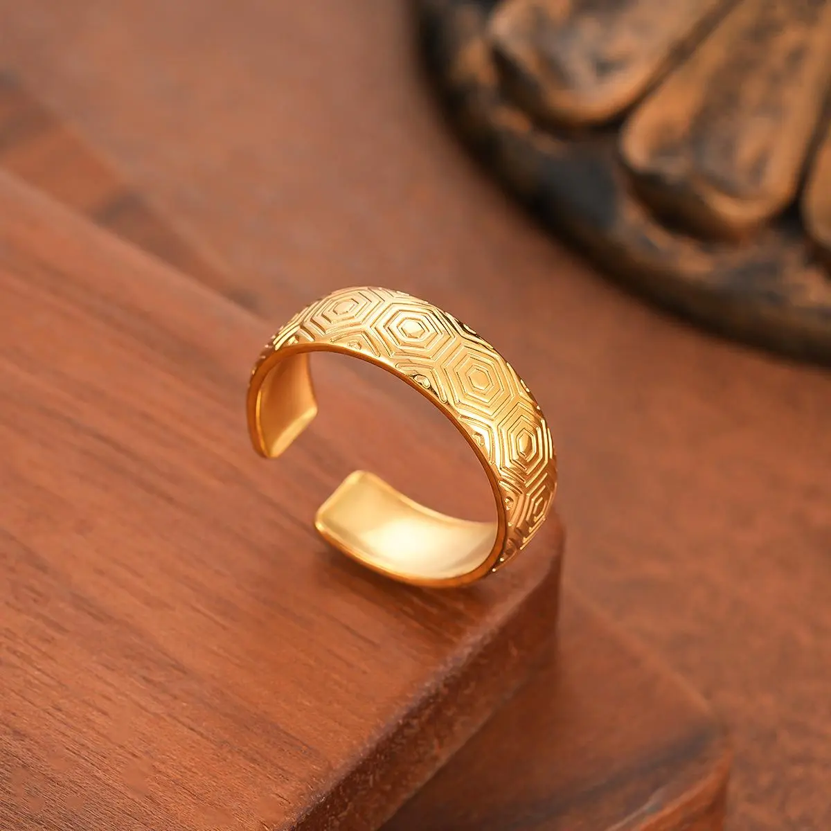 Vintage Hexagonal Greek Key Texture Design Stainless Steel Open Ring Non-Fading Unisex Daily Commute Date Party Outfit Jewelry Gift