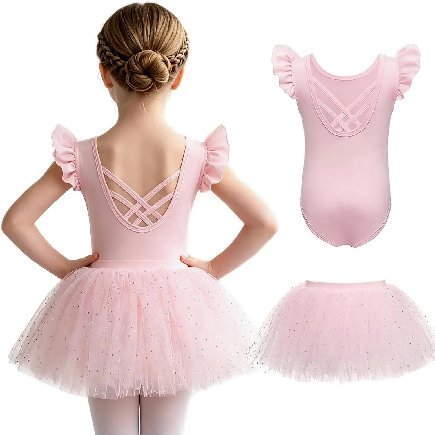 Little Girls Crisscross Ballet Leotard & Tutu 2-Piece Set 2-7Y Ruffle sleeve, Crisscross back, 4-Layer soft tulle, Ballet/gymnastics/dance, Breathable fabric, Heights 31-48in
