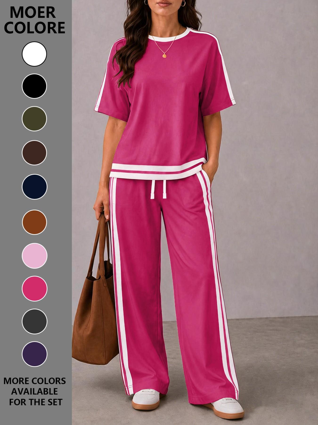 Women's Casual Sportswear Set, Plain Round Neck Short Sleeve T-Shirt and Striped Pants, Spring Summer Two-Piece, All Seasons, Loose Casual Athleisure
