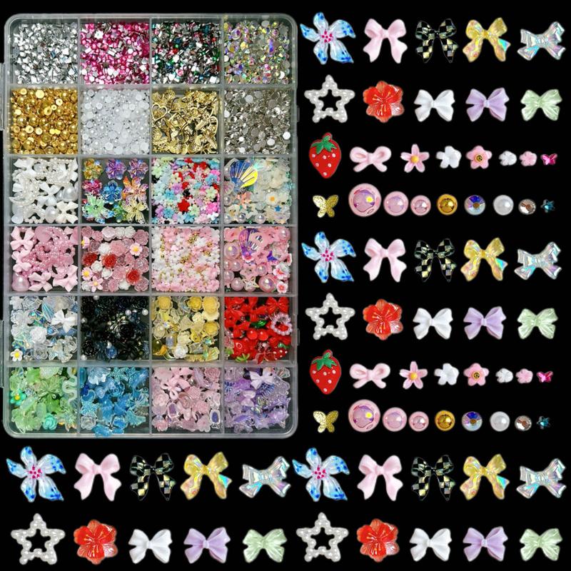 1Box Dopamine Colored Resin Flower Bow Nail Charms Semi-circular Rhinestones Pearl Mini Shell Feather Flakes Mixed Nail Decor DIY Elegant Rhinestone Decorated