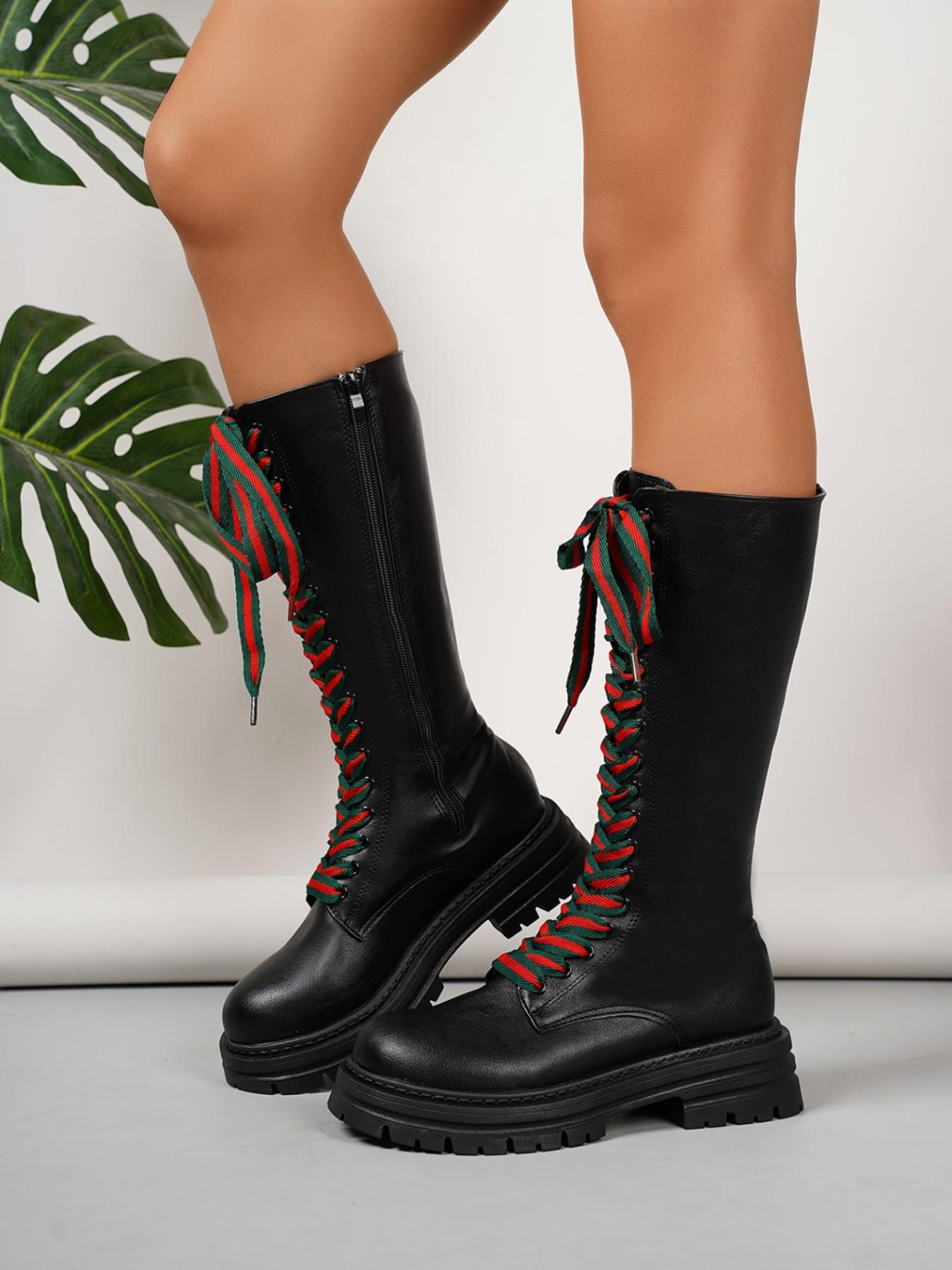 Women's Patchwork Strap Thick Sole High Top Boots, Sweet Cool Punk Style Knight Long Boots, Winter Fashion Footwear