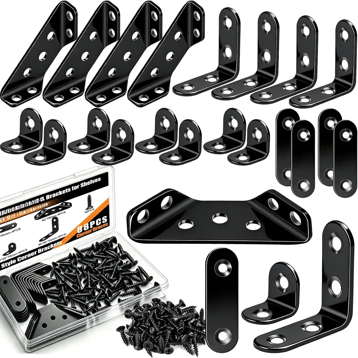 88 count L Brackets Corner Brace Kit,4 Sizes Stainless Steel Brackets