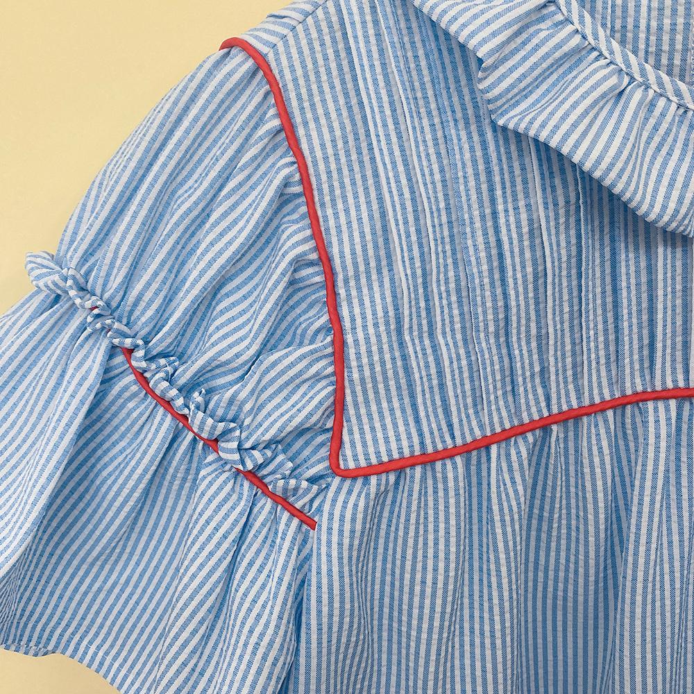 SageVell Beige/Blue Striped Pleated Blouse with Ruffle Sleeves & Red Contrast Trim Top, Round Neck Short Cotton-blend Shirts for Women