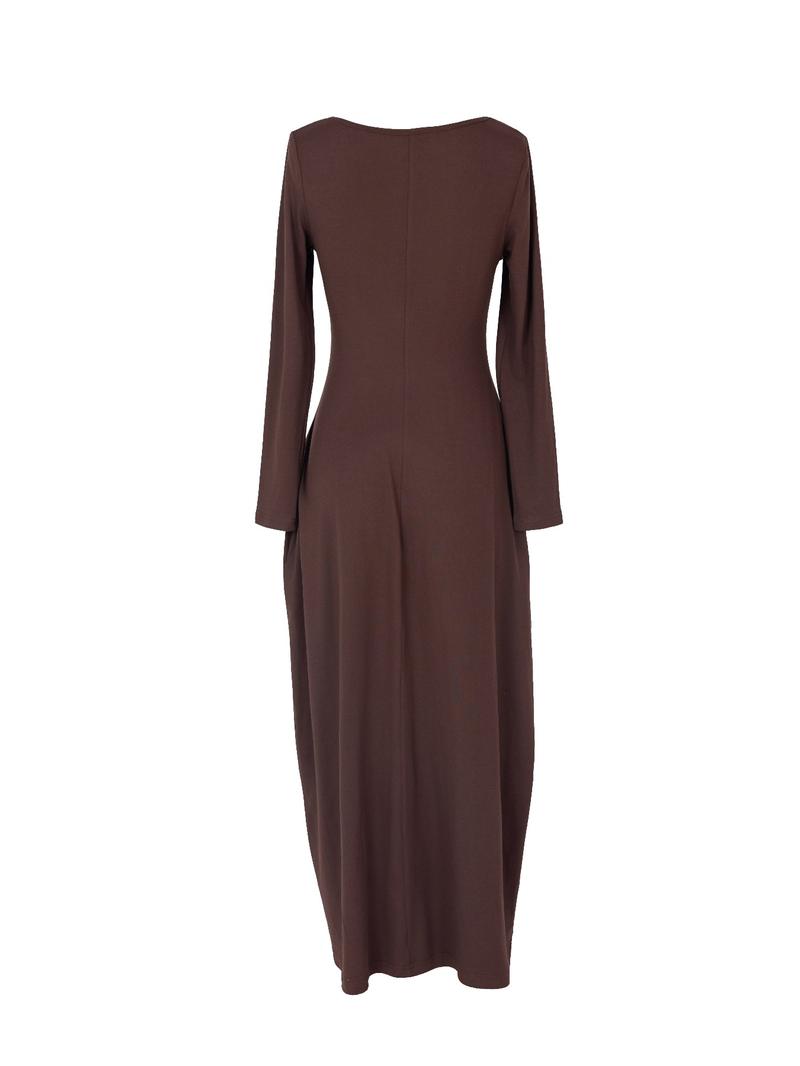 Women's Solid Color Pocket Lounge Dress, Casual Comfy Long Sleeve Dress for Daily Wear, Ladies Sleepwear Loungewear for All Seasons