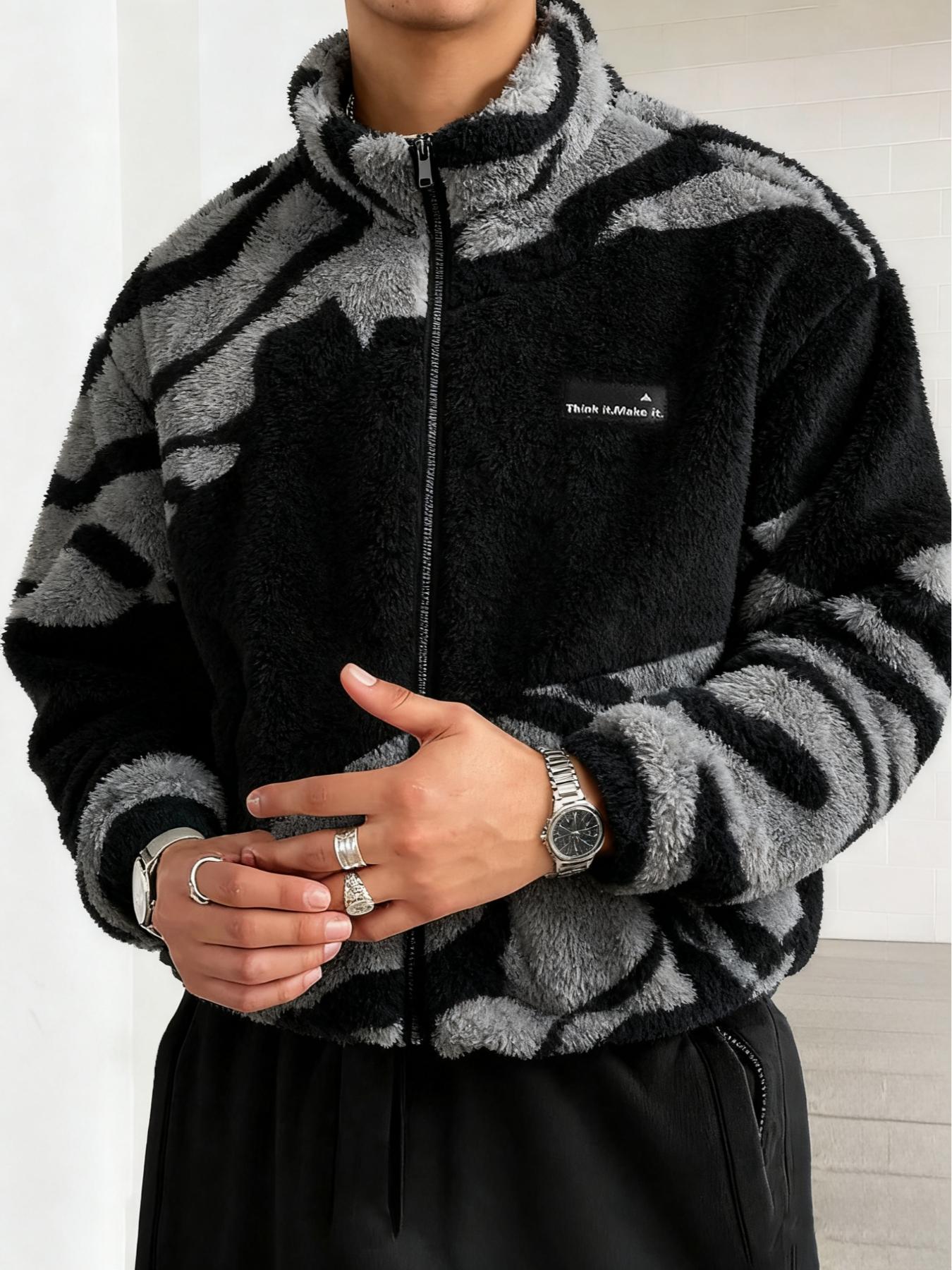 Abstract Pattern Fleece Zip - Up Jacket, Cozy Streetwear Outfit, Trendy TikTok Must - Have, Coats