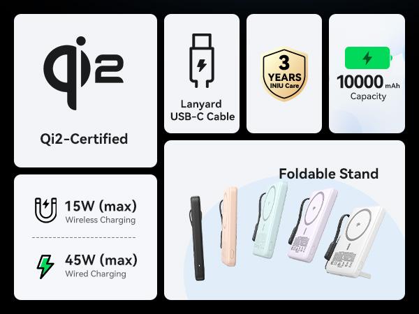 INIU MagFino 10000mAhPortable Charger, Ultra Slim Qi2 Certified 10000mAh 45W Magnetic Power Bank, super fast charge, Metal USB C in&Out Wireless Battery Pack with Foldable Stand, Phone Charger, Only for iPhone 16/15/14/13/12 Series