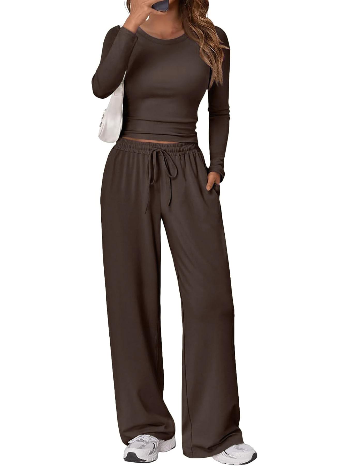 Women's 2 Piece Matching Lounge Set, Long Sleeve Slightly Crop Top & Wide Leg Pants, Casual Sweatsuit for Fall & Winter