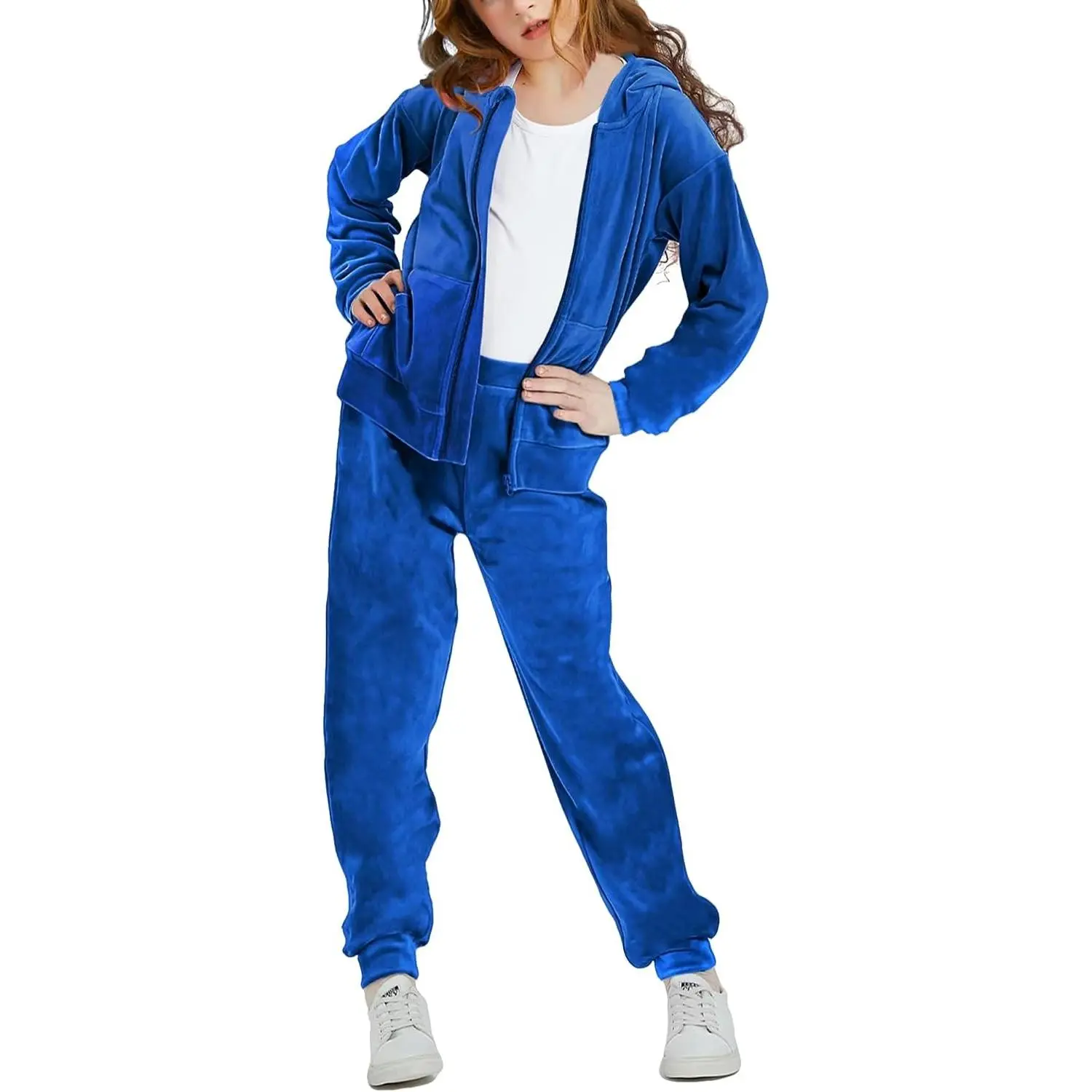 Girls Sweatsuits Set Velour Tracksuit 2 Piece Outfits Zip Up Hoodies and Pants Sportswear Jogging Set, Two-Piece Suit