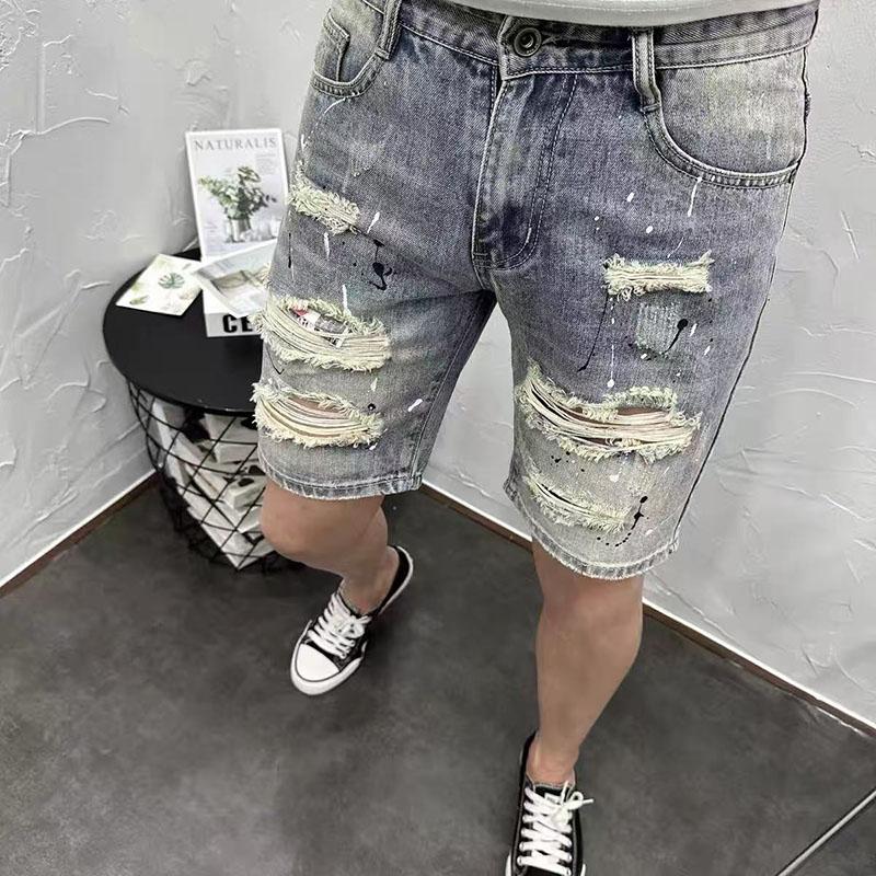 Z356  Men's denim shorts, trendy high street style, heavy-duty ripped, splatter-paint, slim-fit, stretchy mid-length shorts
