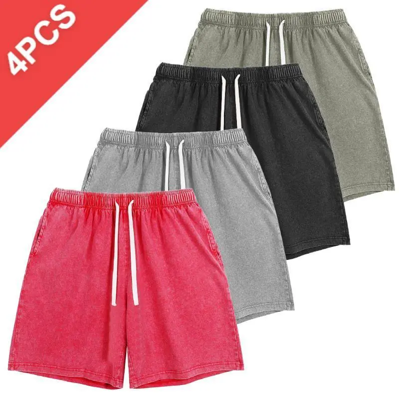 Men's 1/4-Pack Vintage Washed Cotton Shorts, Korean Style Casual Above the Knee Fit for Holiday Wear with Drawstring & Pockets