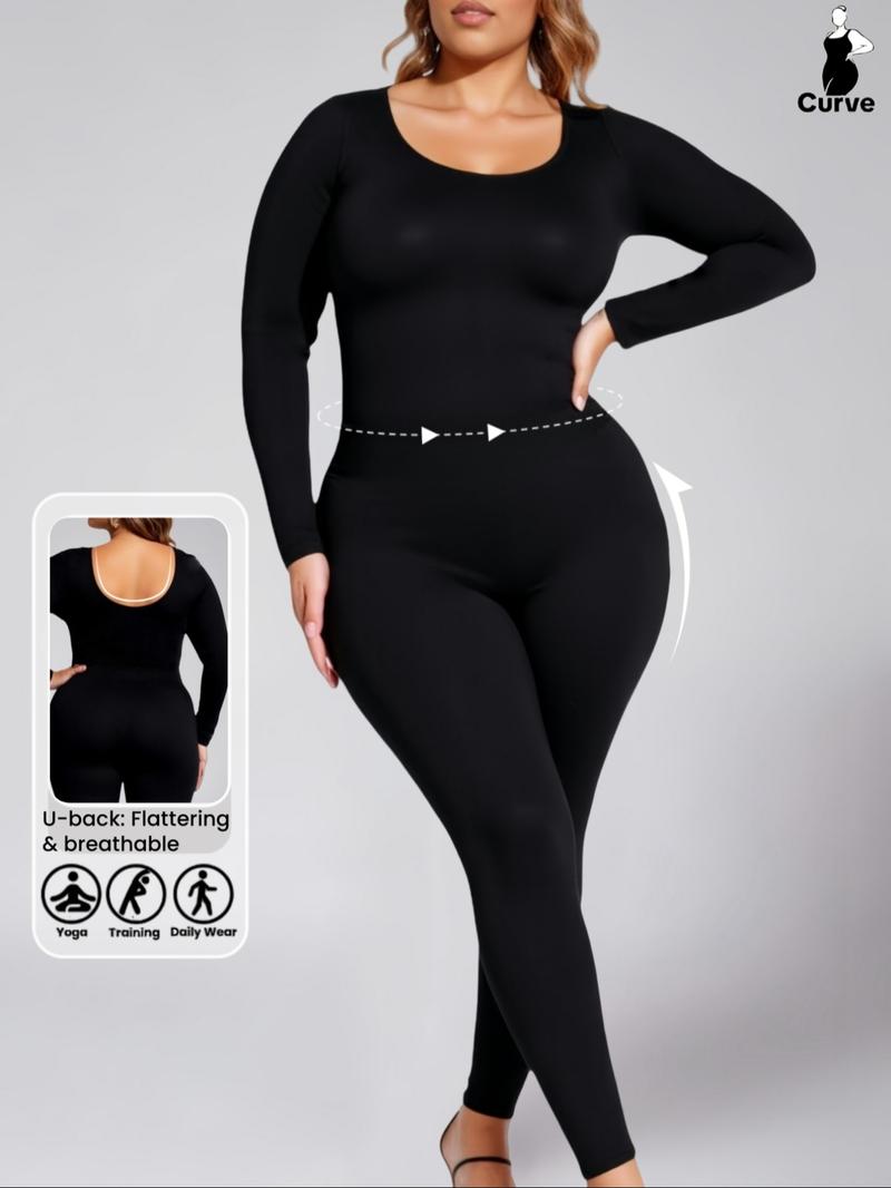 1 COUNT Women's Plus Size Slimming Long Sleeve Jumpsuit, Waist Cinching Yoga Pants, Casual Fall & Winter Sportswear,  Seamless Bodysuit,Stretch Skin-Friendly Fabric，Bottoms For Daily Wear