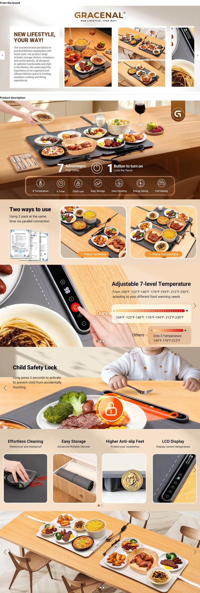 Gracenal Warming Mat for Food, 2 Pack Food Warming Mat, Electric Warming Tray for Buffets Party with 7 Adjustable Temperature, 6 Timer, Fast Heating Silicone Food Warmer for Parties Home Travel Countertop