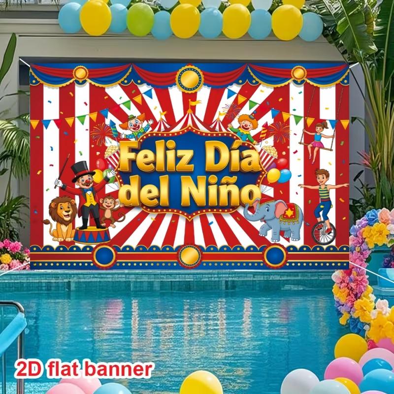 2D Flat Banner, Spanish 'feliz Día Del Niño,' Polyester, Circus Theme, Home Wall Outdoor Garden Party Decor, Large Garage Party Banner