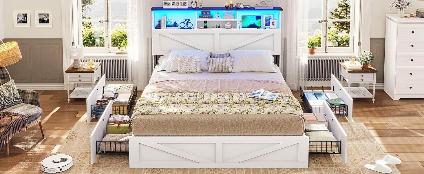 Sikaic Farmhouse Queen Bed Frame with 4 Storage Drawers and Led Lights, Wooden Bed, White Bedroom Bedframe Platform Bedframe