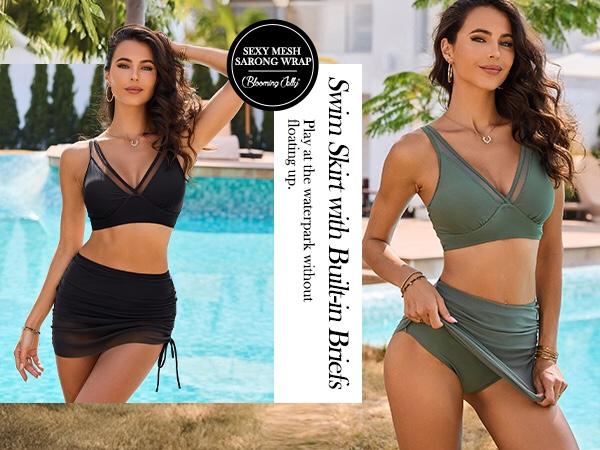 Blooming Jelly Mesh Sarong Wraps Bathing Suits Womens High Waisted Tummy Control Bikini beach Sets