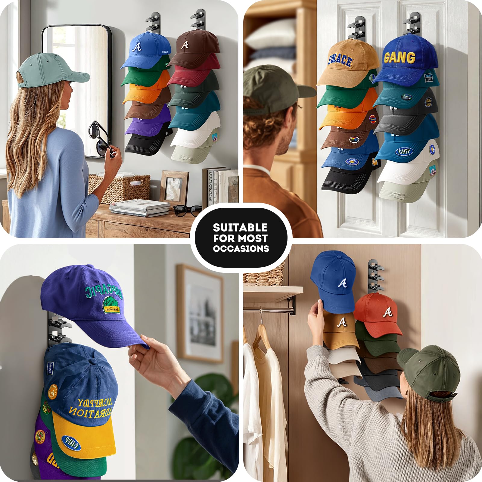 Multi-Piece Baseball Cap Storage Rack, Wall-Mounted Hat Hanger Holder Holds 20 Hats, Includes Strong Adhesive & Screws, Ideal for Door, Closet, Bedroom