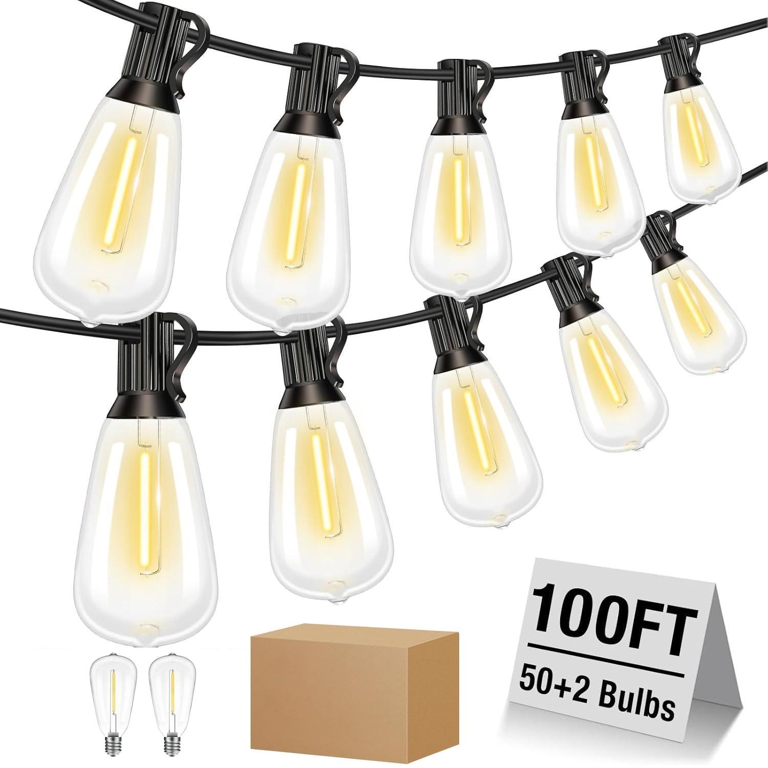 LED Outdoor String Light, 100ft Waterproof String Lights, Dimmable Outdoor Decorative Light (Dimmer is Not Included), Suitable for Garden, Yard, Patio, Balcony, LED Lights, Led Bulbs