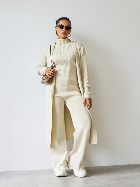 Trendy Knit Turtle Neck Tank & Wide Leg Trousers With Open-Front Long Cardigan Three-Piece Sets