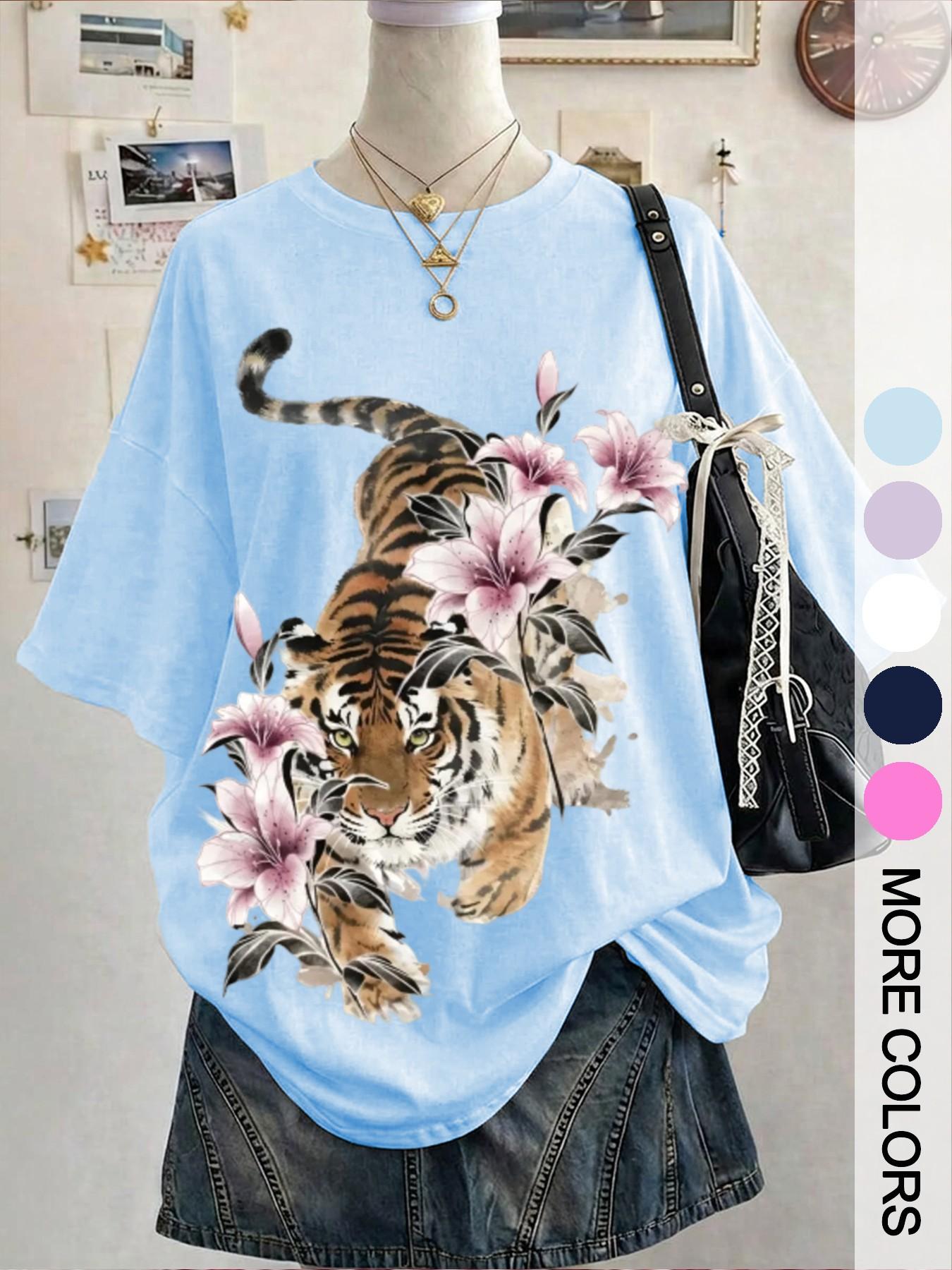 Women's Loose-Fit Tiger Lily Print T-Shirt, Summer New Style Casual Top, Oversized Comfortable Cotton Fabric, Retro National Wind Pattern