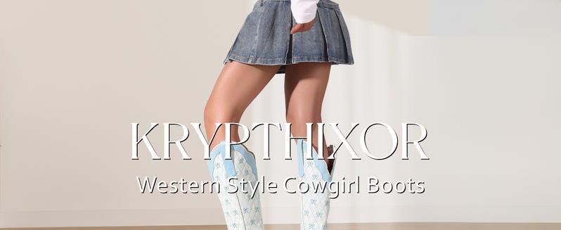 Chic Women's Cowboy Boots | Elegant Bow Embroidery & Color-Block Design on Knee-High Shaft | Pointed Toe & Chunky Heel for a Bold Western Look | Perfect for Prom, Party, or Dressy Casual Occasions.