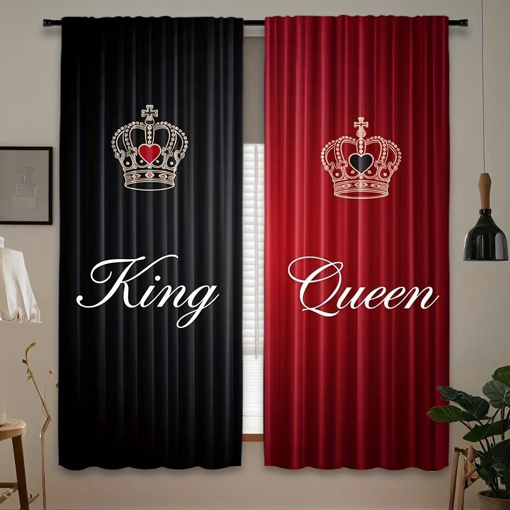 2 pieces of black text and golden crown artistic design printed curtains for king and queen. Made of polyester, semi-transparent material, machine washable. Suitable for bedrooms, living rooms and home decoration.