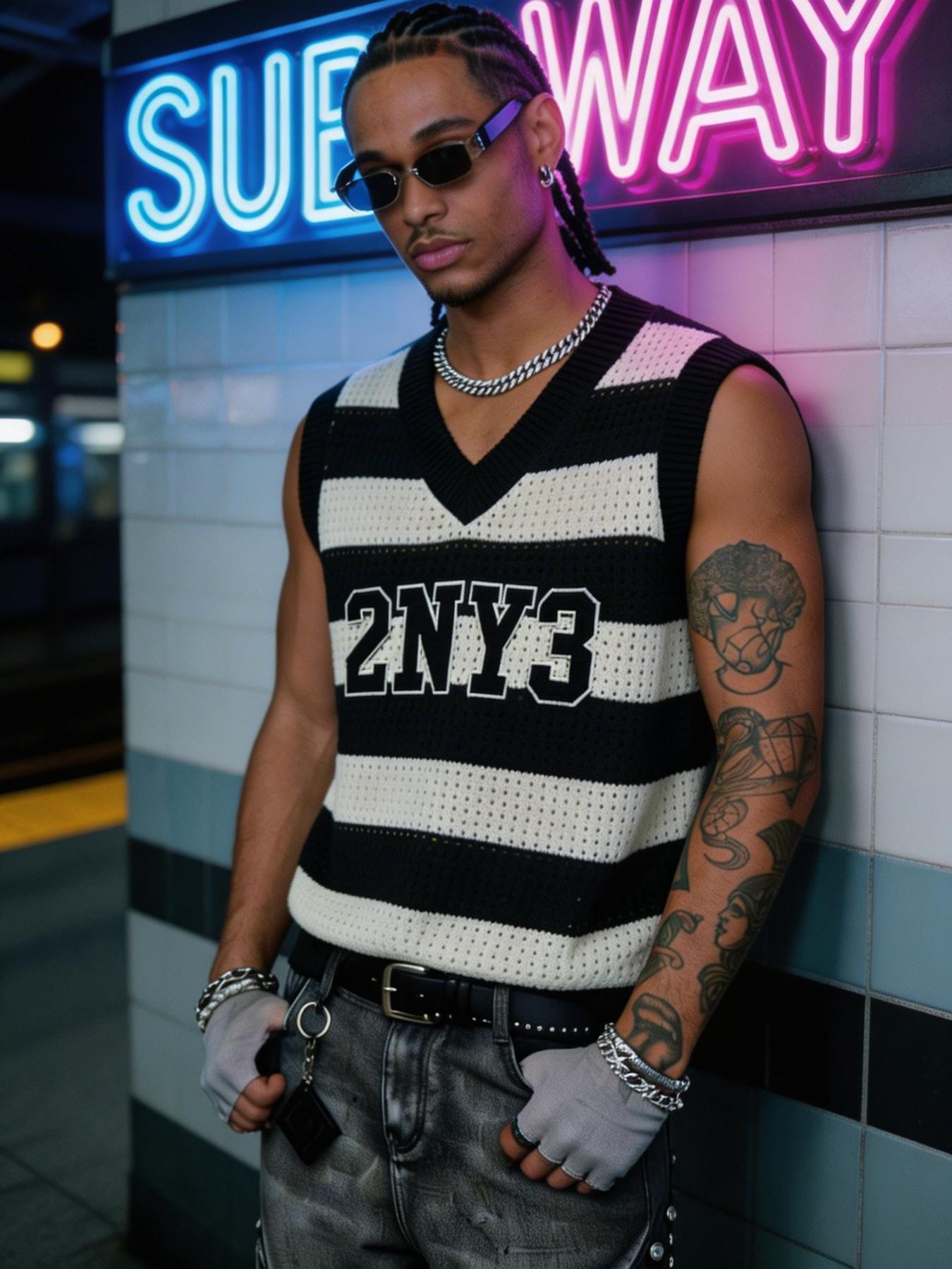 Men's 2NY3 Striped Hollow Out Knitted Vest | V-Neck Streetwear Sleeveless Top Menswear