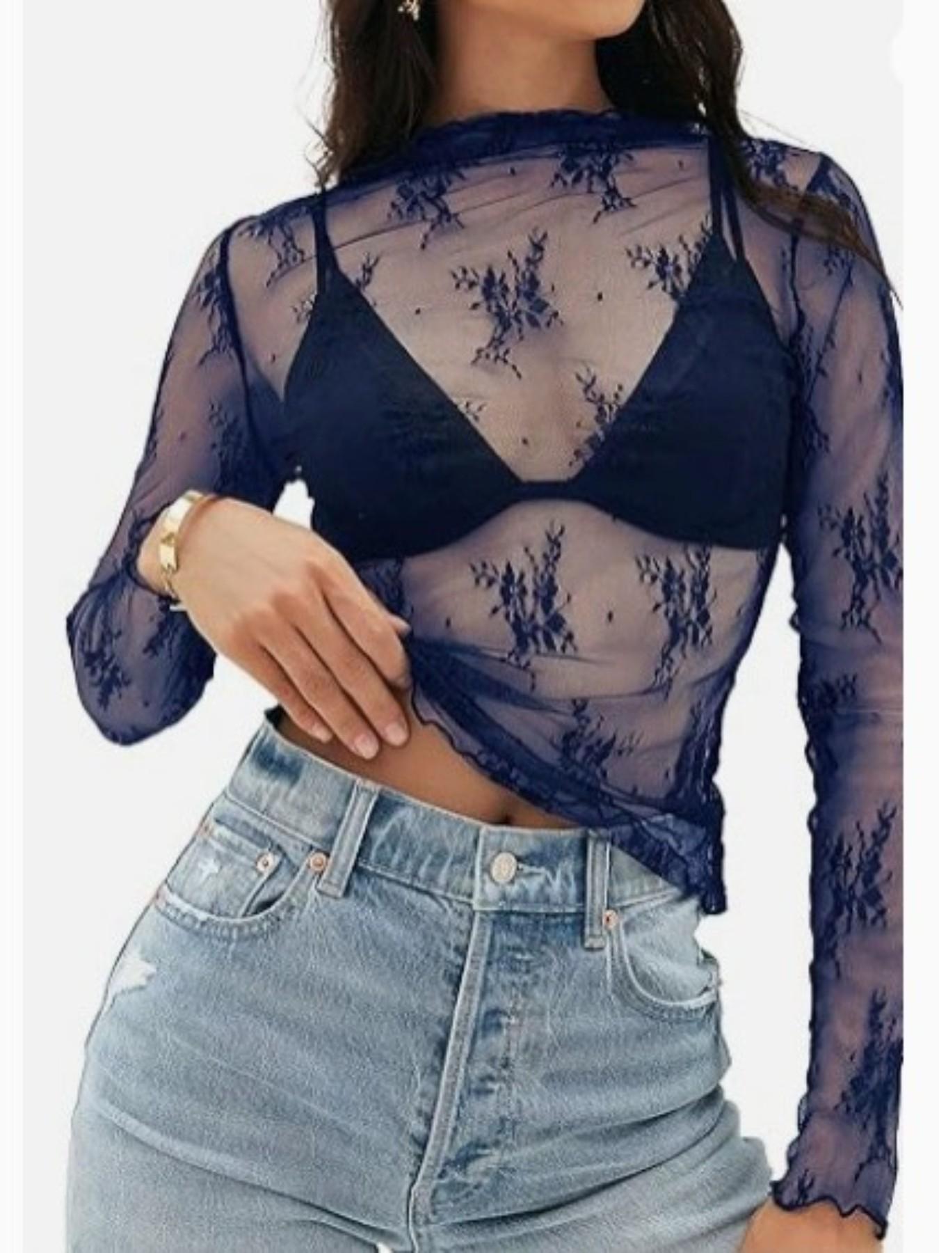 Women's Mesh Top, Transparent Lace Layered Medium Round Neck Sheer Shirt, Elegant and Stylish Design for Daily Wear