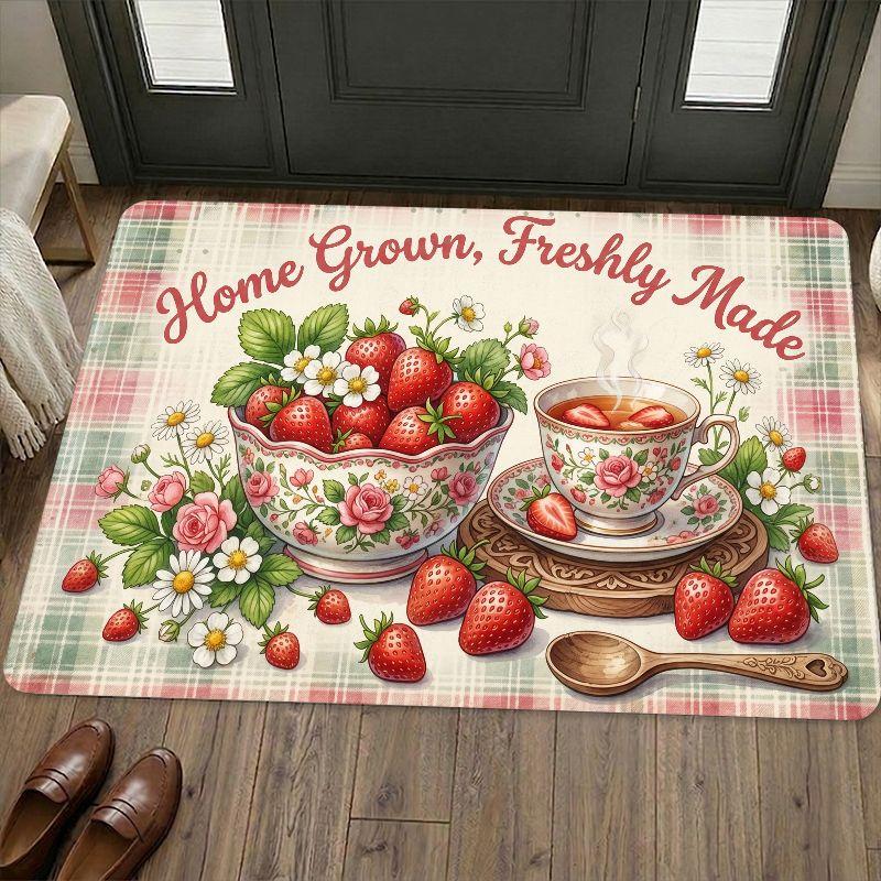 Vintage Pink Green Plaid Strawberry Tea Doormat Soft Cozy Thick Flannel Plush Non Slip Machine Washable Entryway Rug For Indoor Bedroom Kitchen Bathroom Living Room Office Outdoor Porch Balcony Hallway Treads Stair Non-Slip