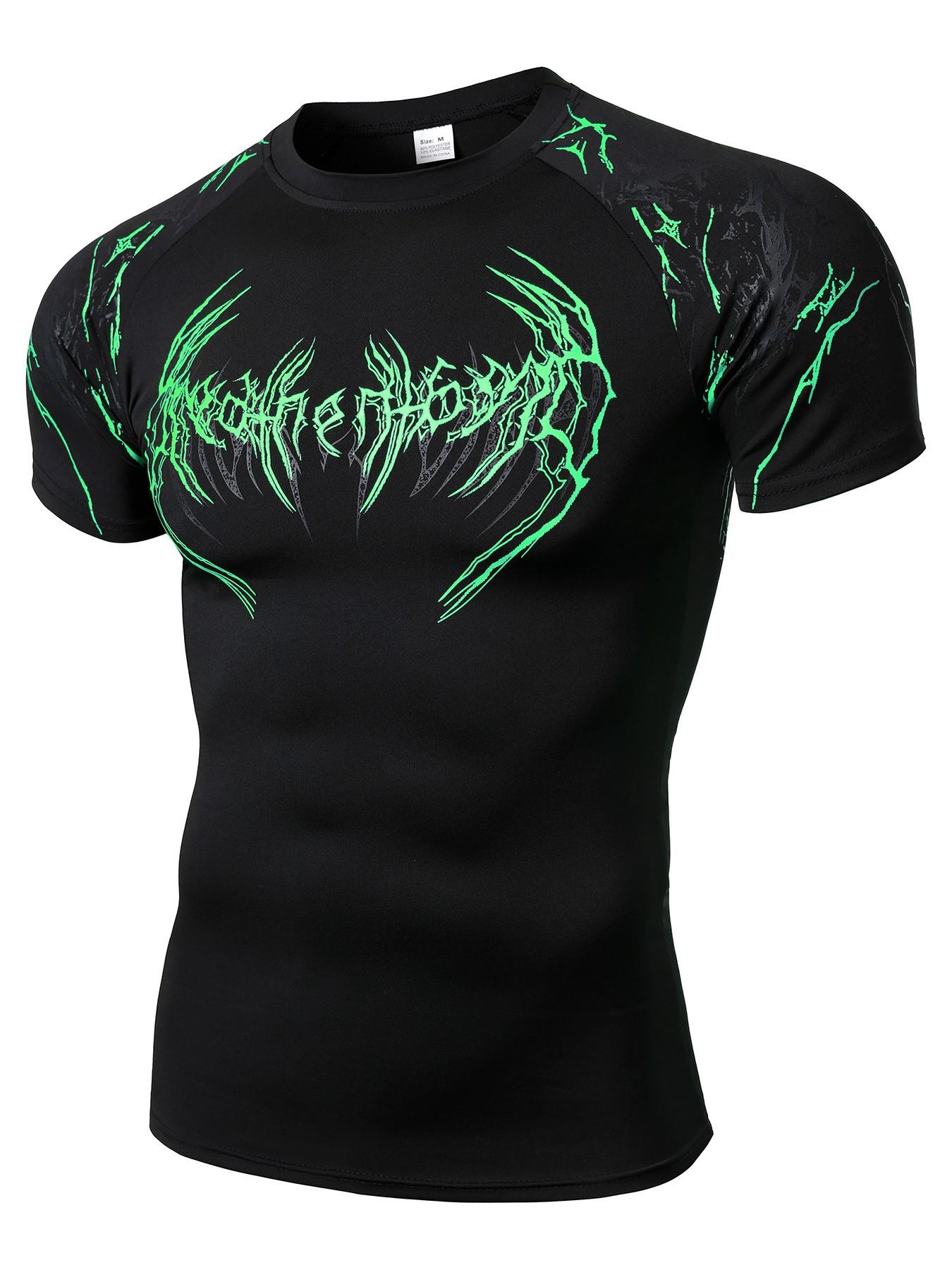 Men's High Elastic Quick-Dry Flame Print Sport T-Shirt, Slim Fit Breathable Short Sleeve, Muscle Training Running Workout Top